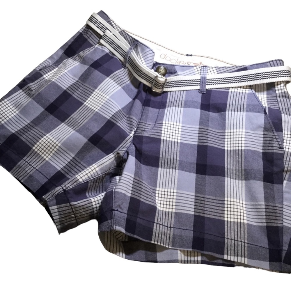 🔥SALE 3/$20 DOCKERS sz 8 Petite Shorts Plaid Pockets Belted Blue White